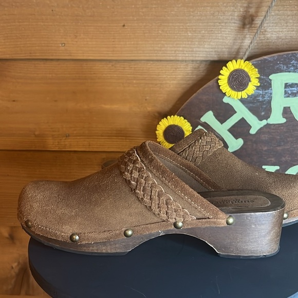 Sundance Suede Leather Mule Clog Wood Shoe Slip on Brown Braided Stud - Picture 4 of 7